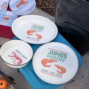 Jumbo Shrimp Seafood Melamine Plates and Bowl - White with Orange and Green